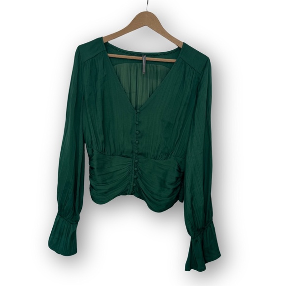 NWOT Anthropologie Emerald Green Blouse with Flutter Sleeve - Picture 3 of 7